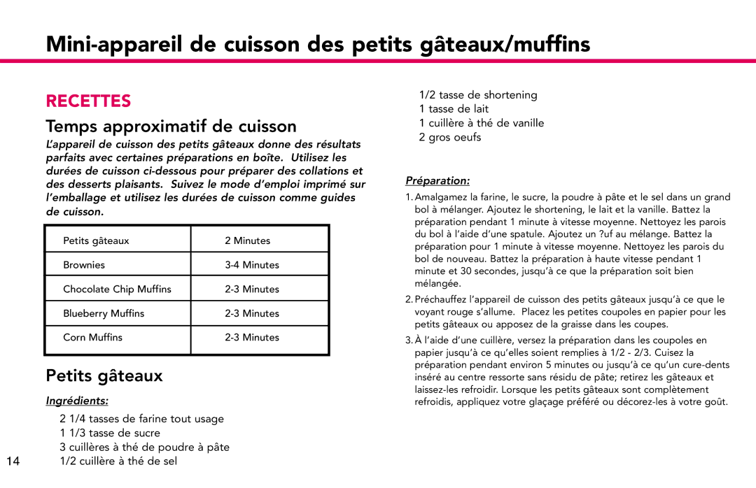 Deni 4832 manual Recettes, Temps approximatif de cuisson, Petits gâteaux 