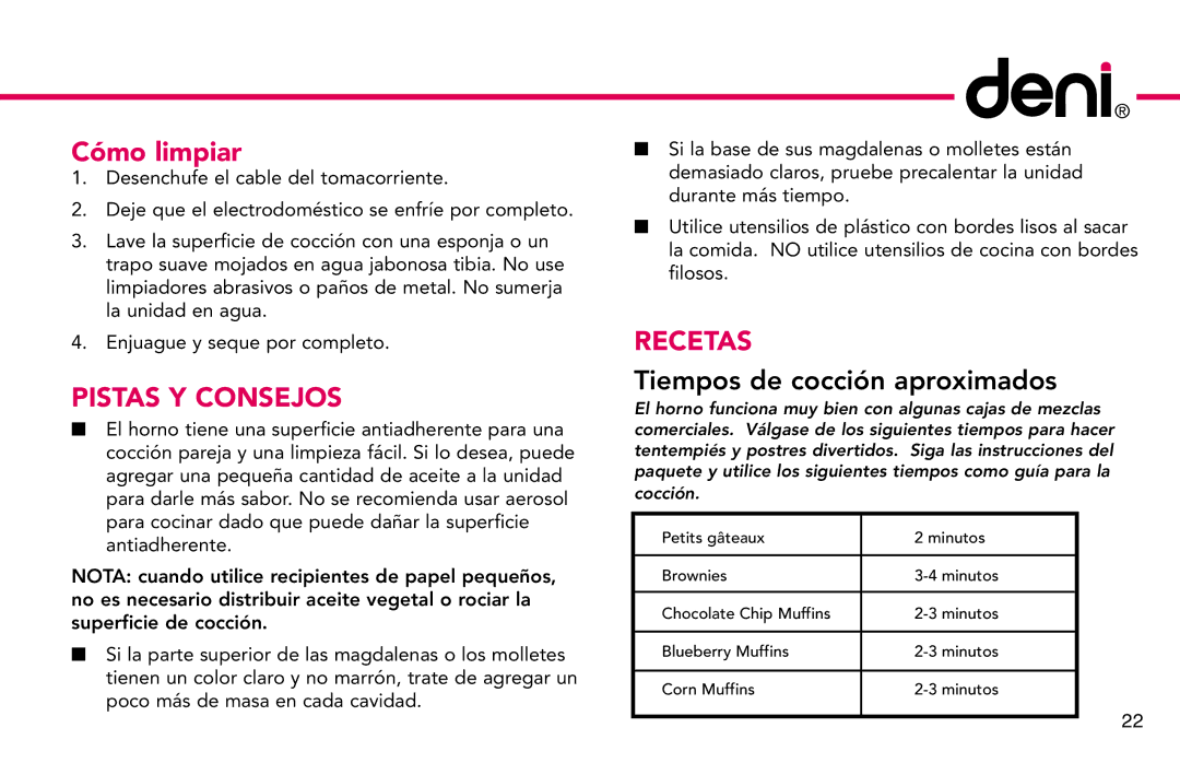 Deni 4832 manual Cómo limpiar, Pistas Y Consejos, Recetas, Tiempos de cocción aproximados 