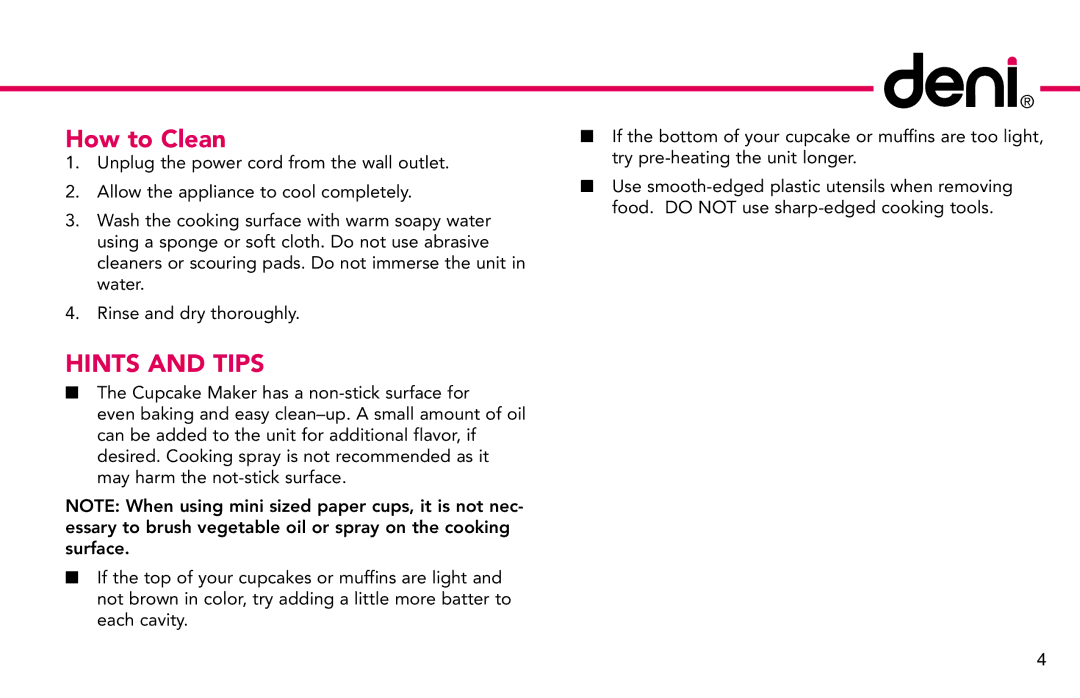 Deni 4832 manual How to Clean, Hints and Tips 