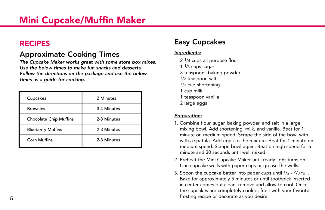 Deni 4832 manual Recipes, Approximate Cooking Times, Easy Cupcakes 