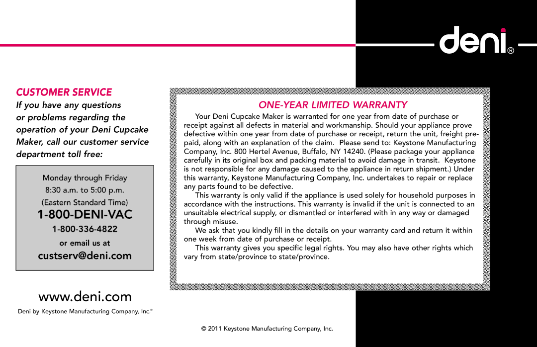 Deni 4832 manual Deni-Vac, Customer Service 