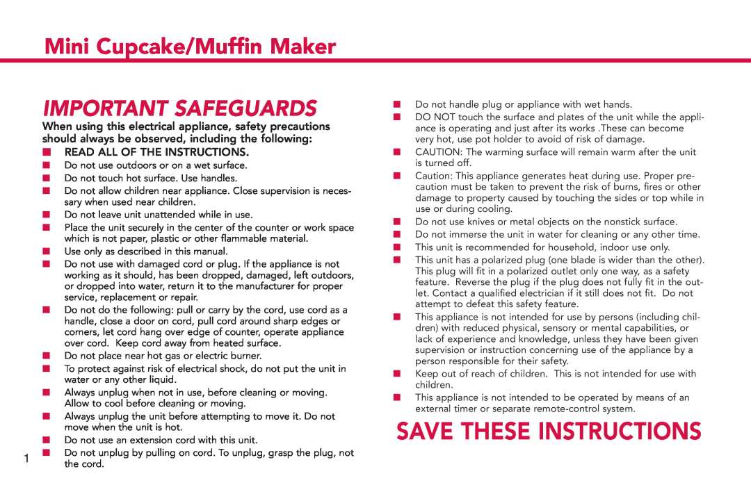Deni 4832 manual Mini Cupcake/Muffin Maker, Important Safeguards, Save These Instructions 