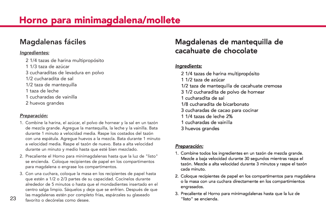 Deni 4832 manual Magdalenas fáciles, Magdalenas de mantequilla de cacahuate de chocolate, Horno para minimagdalena/mollete 