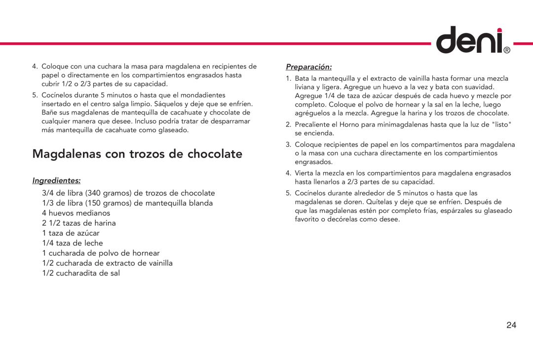 Deni 4832 manual Magdalenas con trozos de chocolate, Ingredientes, Preparación 