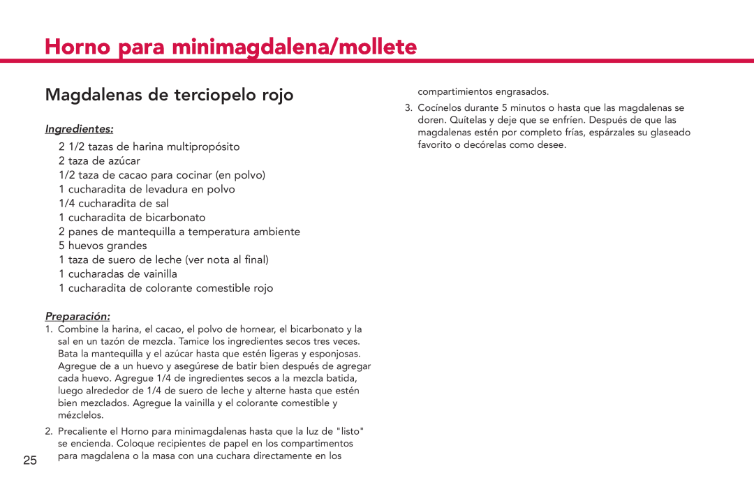 Deni 4832 manual Magdalenas de terciopelo rojo, Horno para minimagdalena/mollete, Ingredientes, cucharadita de bicarbonato 