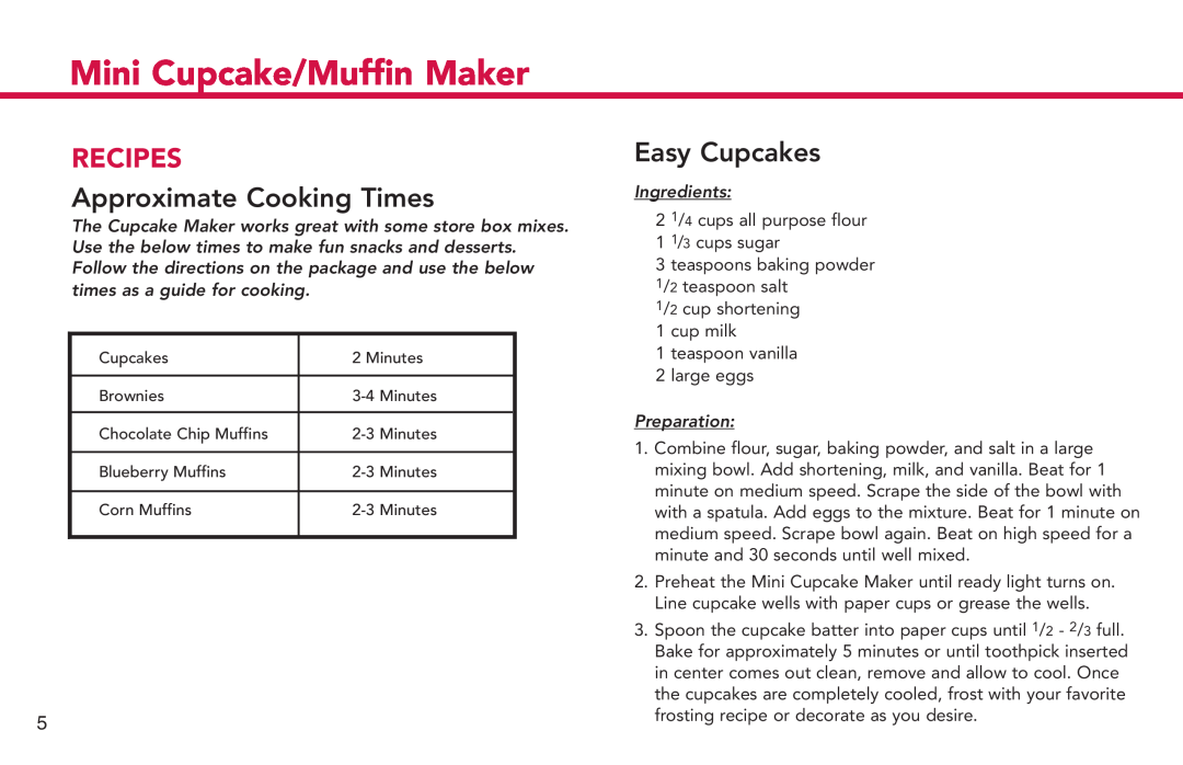 Deni 4832 manual Recipes, Approximate Cooking Times, Easy Cupcakes, Mini Cupcake/Muffin Maker, Ingredients, Preparation 