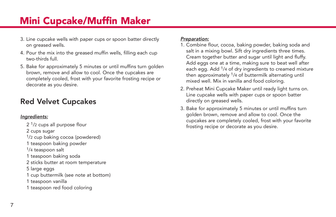 Deni 4832 manual Red Velvet Cupcakes, Mini Cupcake/Muffin Maker, Ingredients, Preparation 