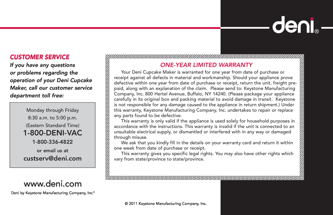 Deni 4832 manual Deni-Vac, Customer Service, custserv@deni.com, One-Year Limited Warranty 