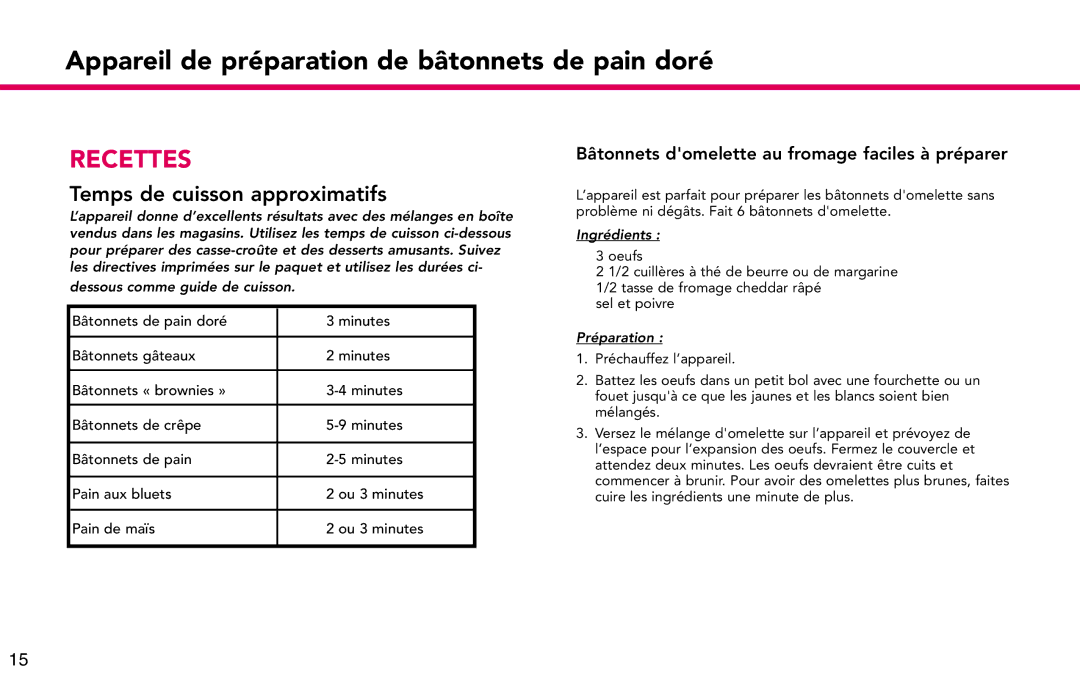 Deni 4862 manual Recettes, Bâtonnets domelette au fromage faciles à préparer 