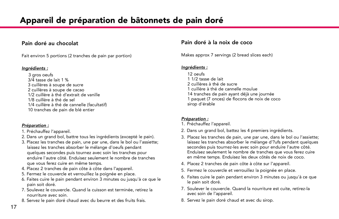 Deni 4862 manual Pain doré au chocolat, Pain doré à la noix de coco 