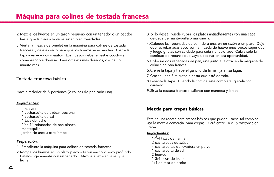 Deni 4862 manual Tostada francesa básica, Mezcla para crepas básicas 