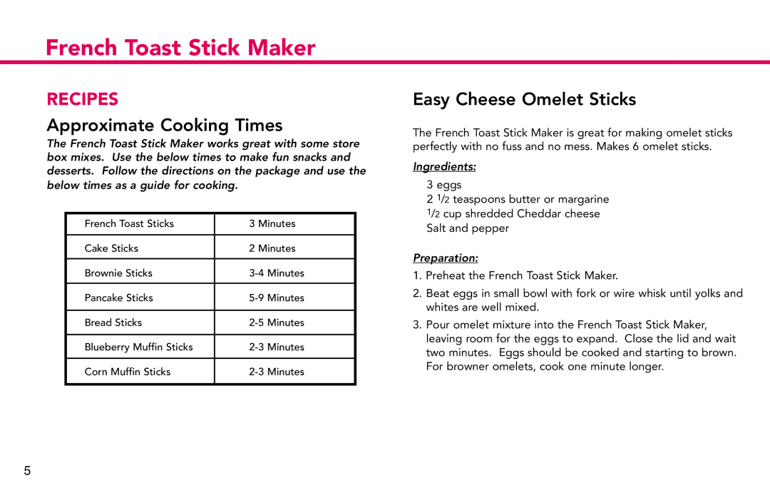 Deni 4862 manual Recipes, Approximate Cooking Times, Easy Cheese Omelet Sticks 