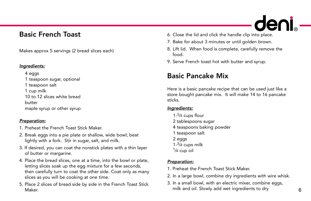 Deni 4862 manual Basic French Toast, Basic Pancake Mix 