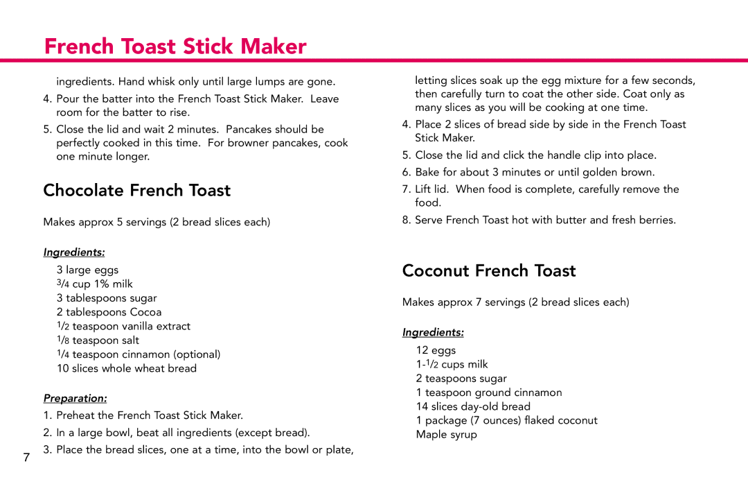 Deni 4862 manual Chocolate French Toast, Coconut French Toast 