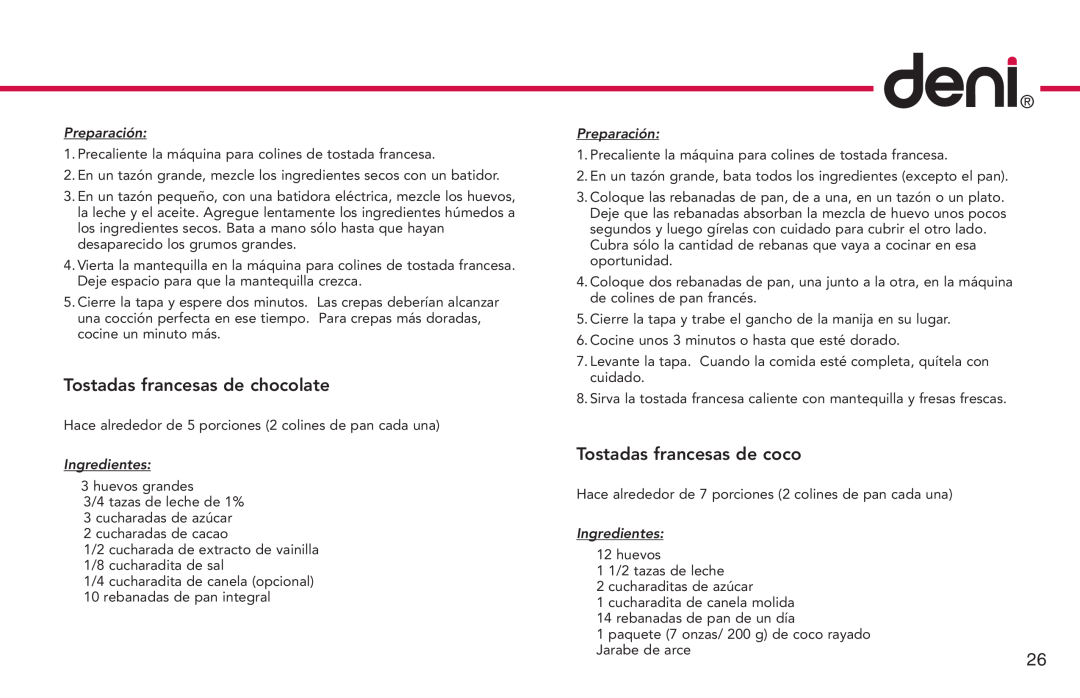 Deni 4862 manual Tostadas francesas de chocolate, Tostadas francesas de coco, Preparación, Ingredientes 