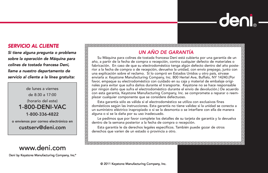Deni 4862 manual Servicio Al Cliente, Un Año De Garantía, Deni-Vac, custserv@deni.com 
