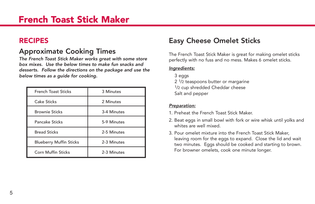 Deni 4862 manual Recipes, Approximate Cooking Times, Easy Cheese Omelet Sticks, French Toast Stick Maker, Ingredients 