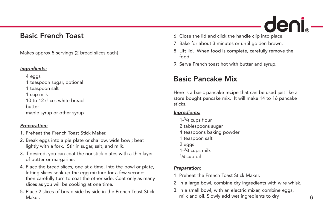 Deni 4862 manual Basic French Toast, Basic Pancake Mix, Ingredients, Preparation 
