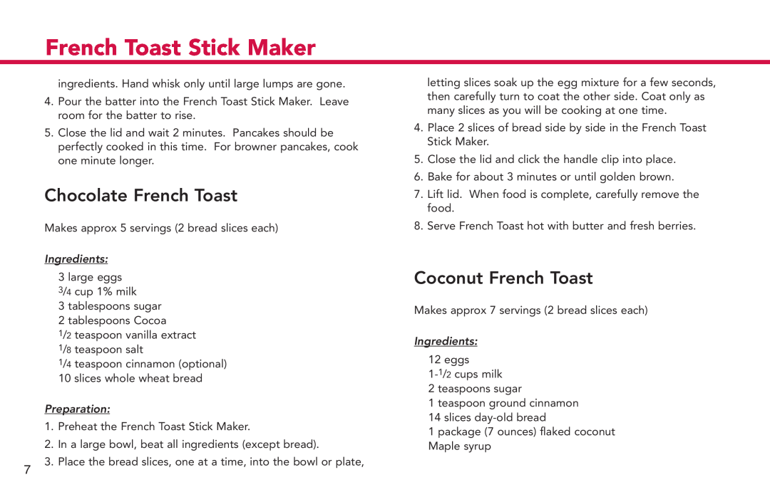 Deni 4862 manual Chocolate French Toast, Coconut French Toast, French Toast Stick Maker, Ingredients, Preparation 