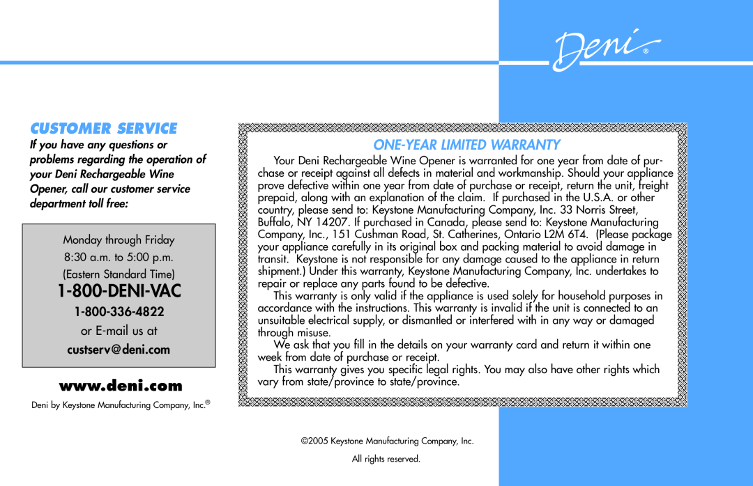 Deni 4900 manual Customer Service, Deni-Vac, One-Year Limited Warranty 