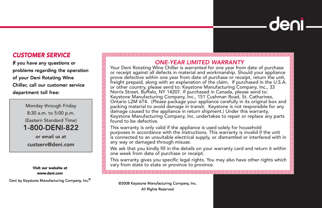 Deni 4910 manual DENI-822, Customer Service, One-Year Limited Warranty 