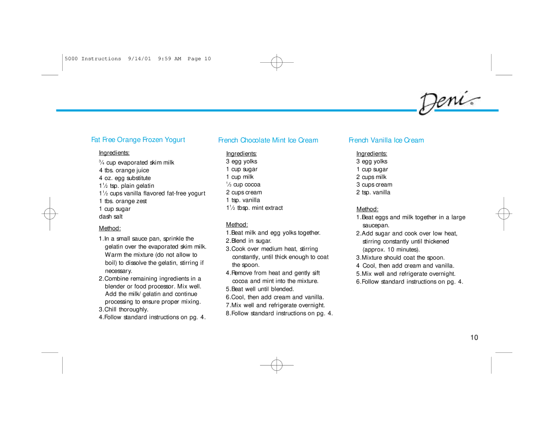 Deni 5000 manual Fat Free Orange Frozen Yogurt, French Chocolate Mint Ice Cream, French Vanilla Ice Cream 