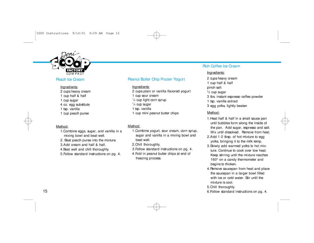 Deni 5000 manual Peach Ice Cream, Peanut Butter Chip Frozen Yogurt, Rich Coffee Ice Cream 