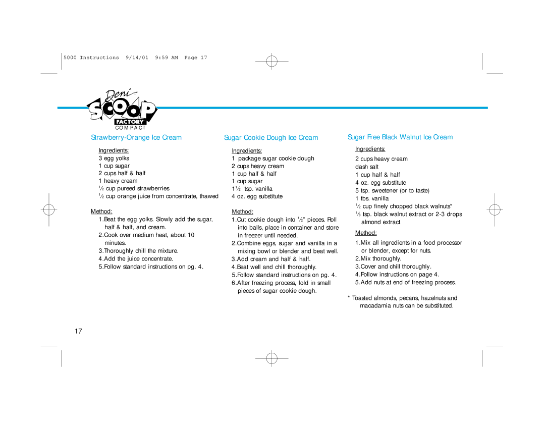 Deni 5000 manual Strawberry-Orange Ice Cream, Sugar Cookie Dough Ice Cream, Sugar Free Black Walnut Ice Cream 