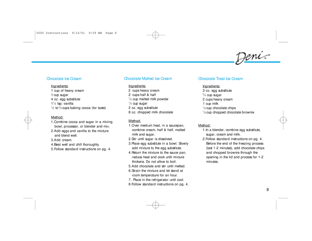 Deni 5000 manual Chocolate Ice Cream Chocolate Malted Ice Cream, Chocolate Treat Ice Cream 