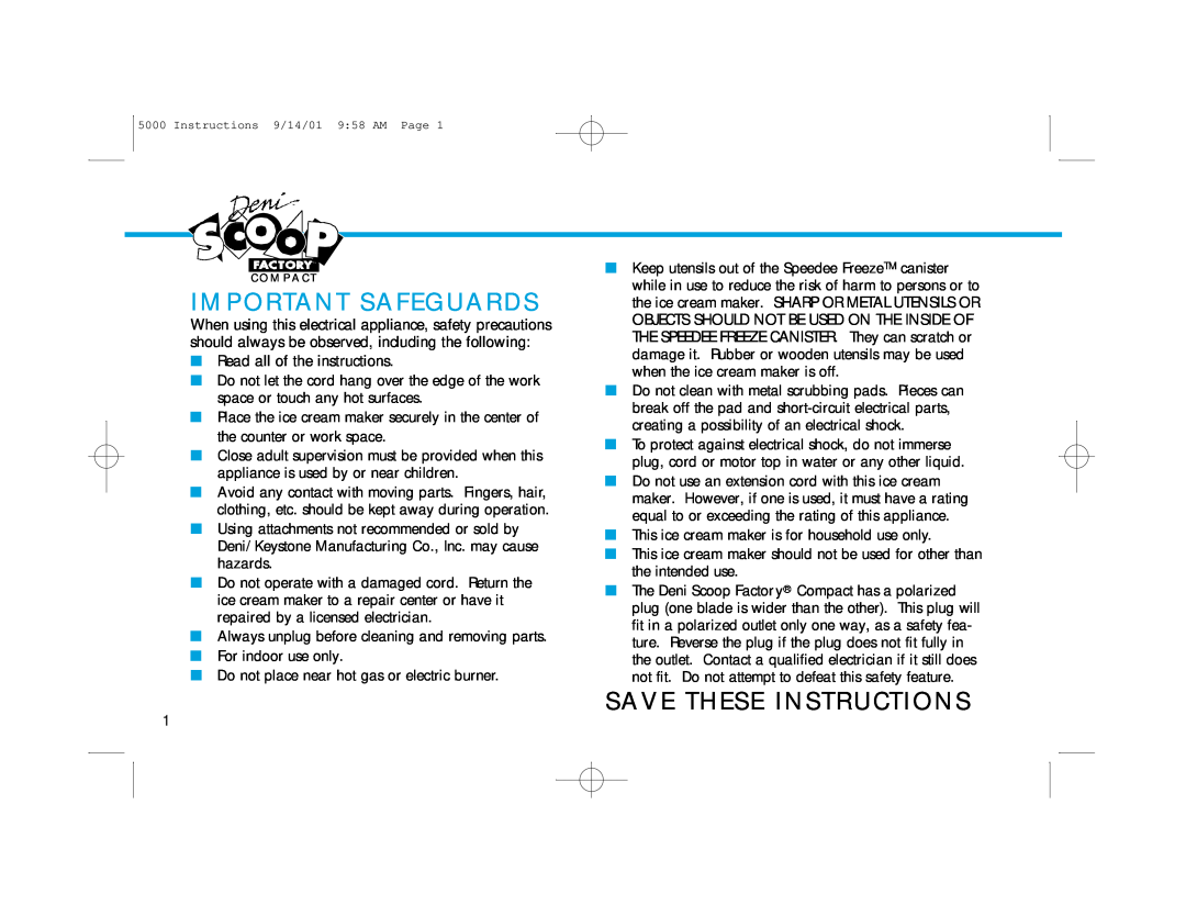 Deni 5000 manual Important Safeguards, Save These Instructions 