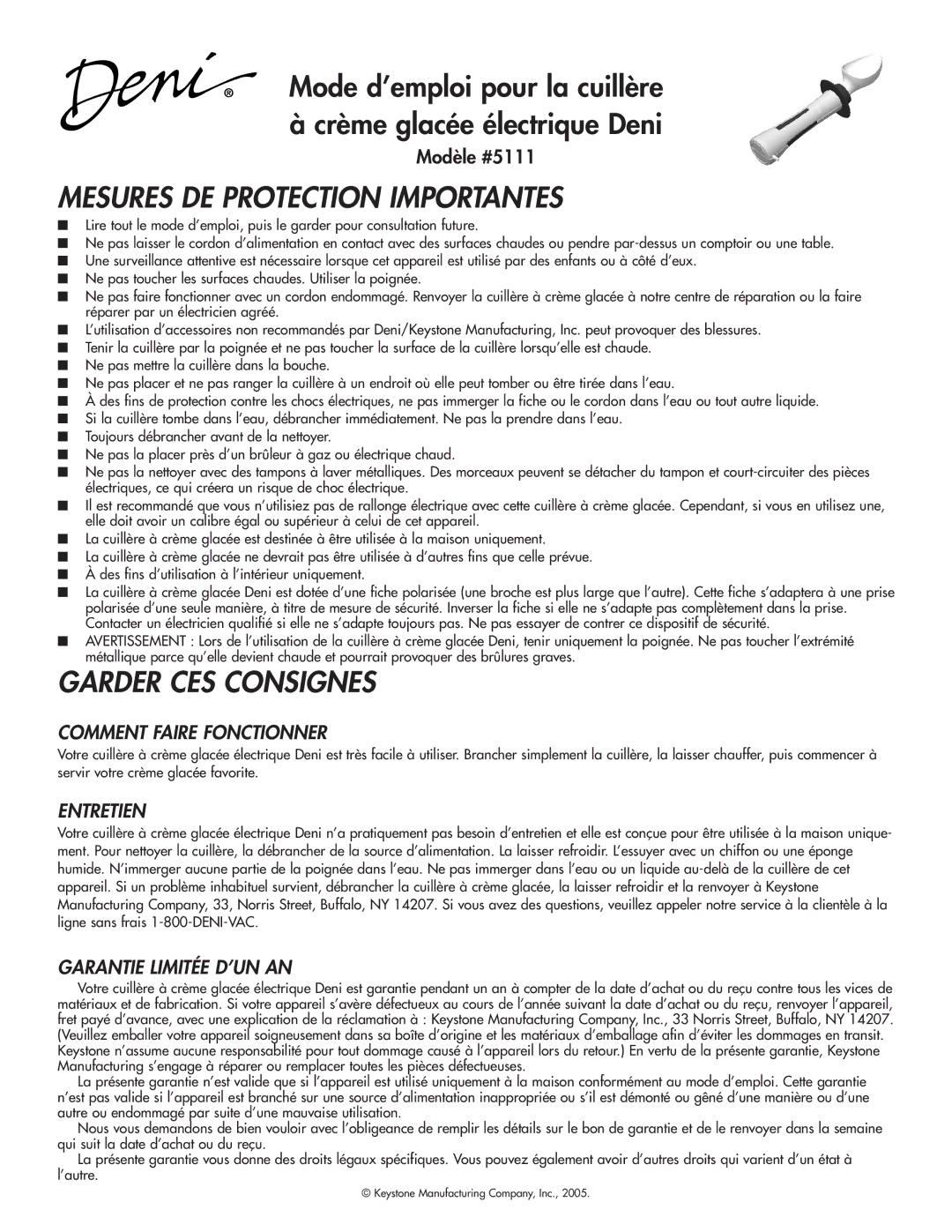 Deni 5111 instruction manual Mesures DE Protection Importantes, Garder CES Consignes, Comment Faire Fonctionner, Entretien 