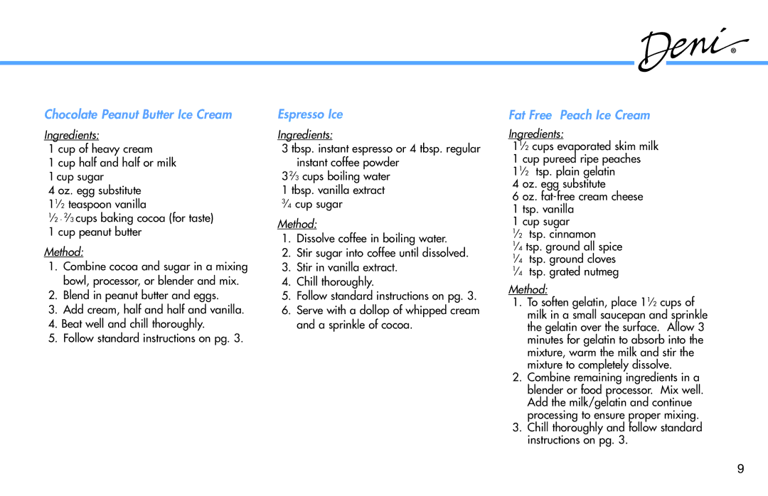 Deni 5210 manual Chocolate Peanut Butter Ice Cream, Espresso Ice, Fat Free Peach Ice Cream 