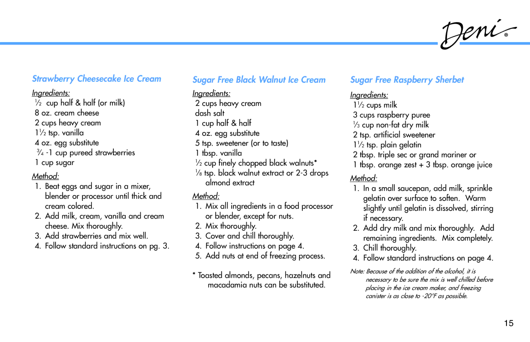 Deni 5210 manual Strawberry Cheesecake Ice Cream, Sugar Free Black Walnut Ice Cream, Sugar Free Raspberry Sherbet 