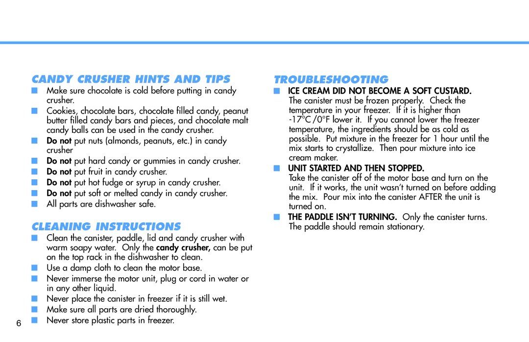 Deni 5210 manual Candy Crusher Hints and Tips, Cleaning Instructions, Troubleshooting 