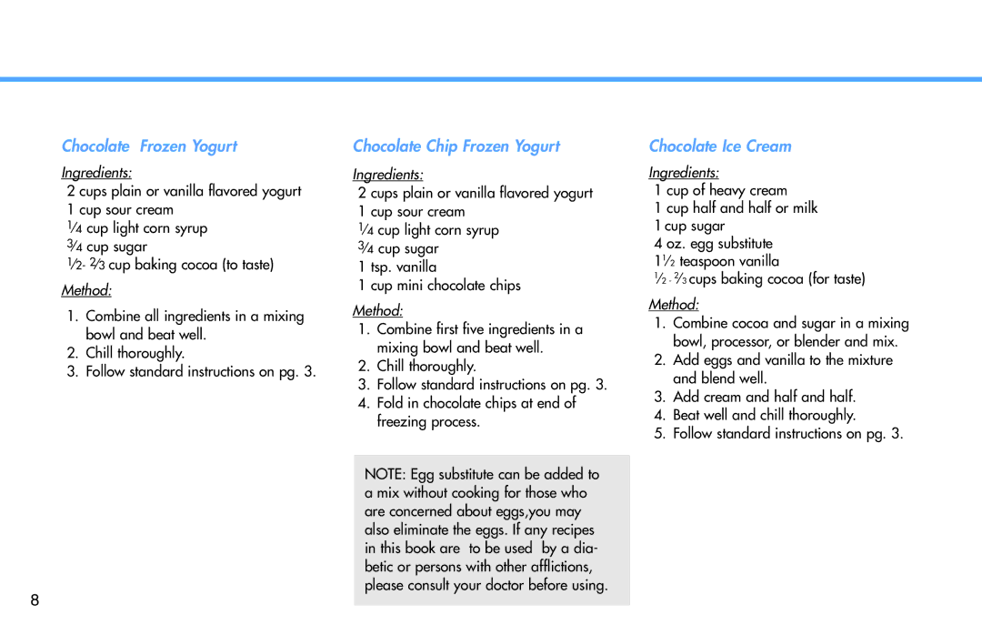 Deni 5210 manual Chocolate Frozen Yogurt, Chocolate Chip Frozen Yogurt, Chocolate Ice Cream 