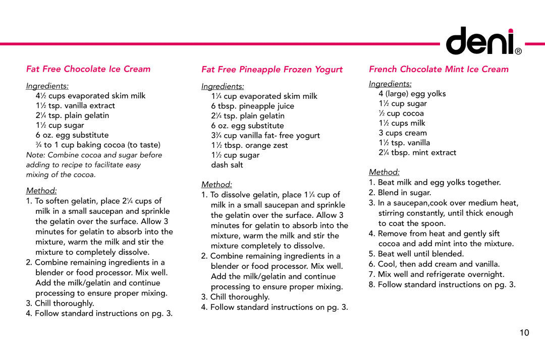 Deni 5225, 5222, 5226, 5221 Fat Free Chocolate Ice Cream, Fat Free Pineapple Frozen Yogurt, French Chocolate Mint Ice Cream 