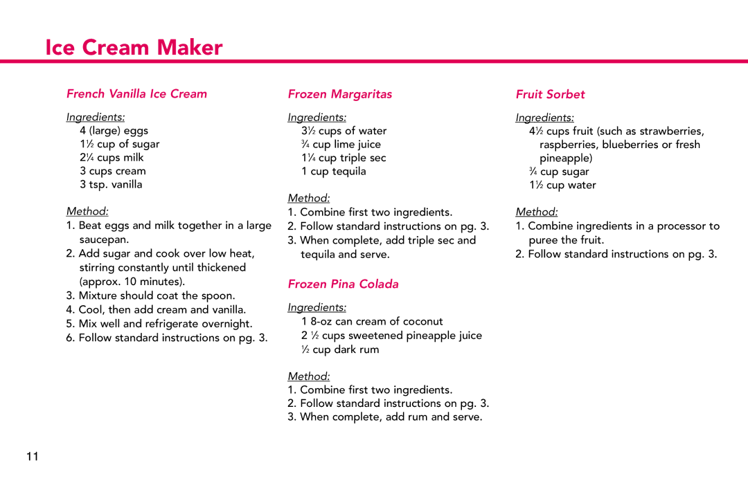 Deni 5226, 5222, 5225, 5221, 5220 manual French Vanilla Ice Cream, Frozen Margaritas, Frozen Pina Colada, Fruit Sorbet 