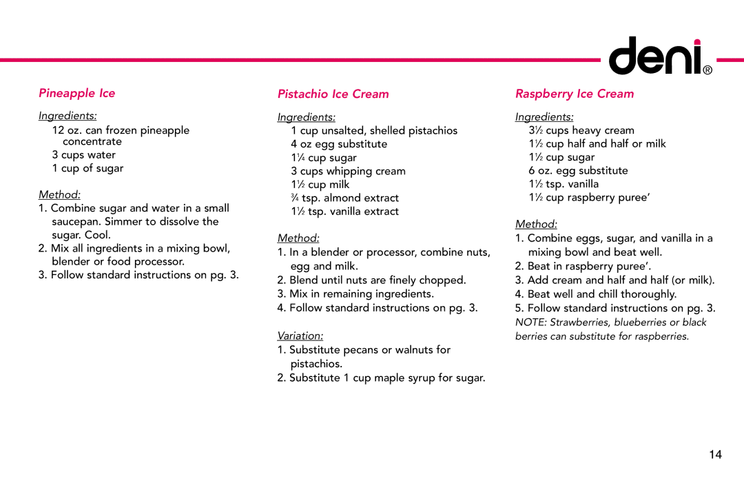 Deni 5222, 5225, 5226, 5221, 5220 manual Pineapple Ice, Pistachio Ice Cream, Raspberry Ice Cream 