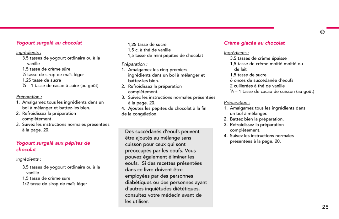 Deni 5225, 5222, 5226, 5221 Yogourt surgelé au chocolat, Yogourt surgelé aux pépites de chocolat, Crème glacée au chocolat 