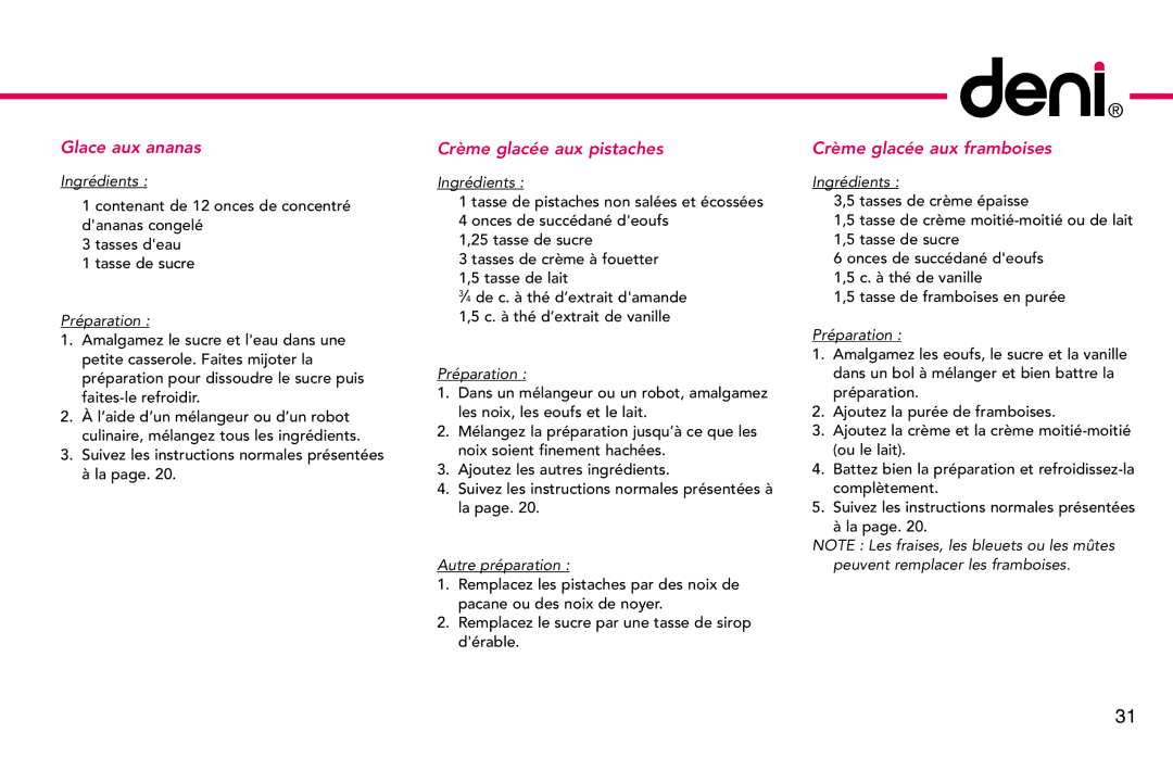 Deni 5226, 5222, 5225, 5221 Glace aux ananas, Crème glacée aux pistaches, Crème glacée aux framboises, Autre préparation 