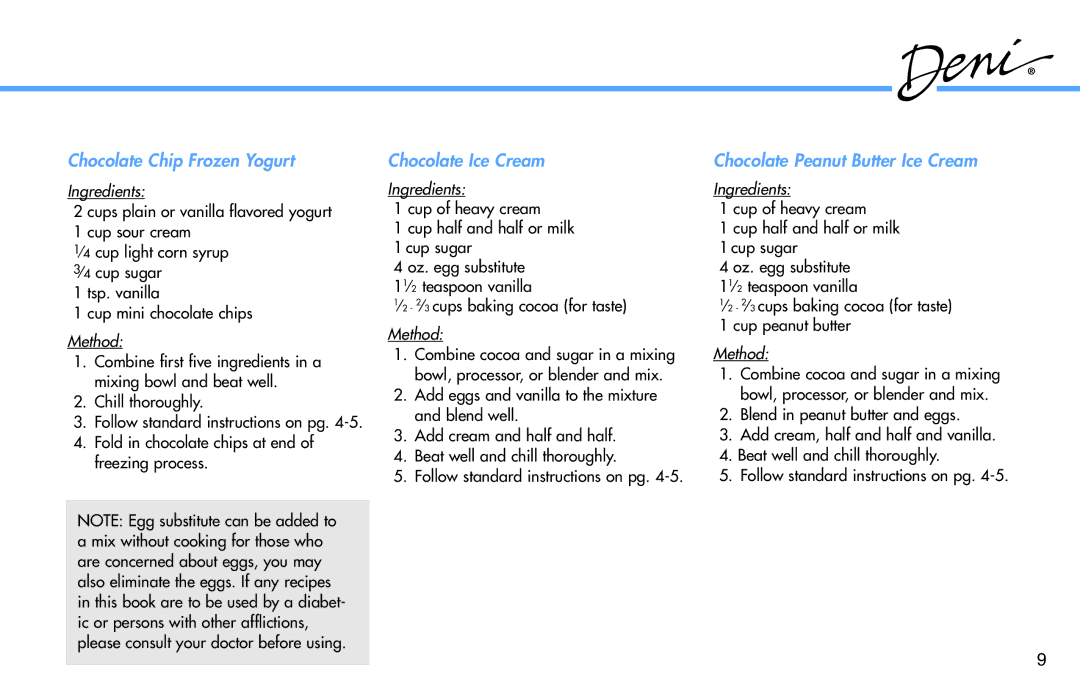 Deni 5300 manual Chocolate Chip Frozen Yogurt, Chocolate Ice Cream, Chocolate Peanut Butter Ice Cream 