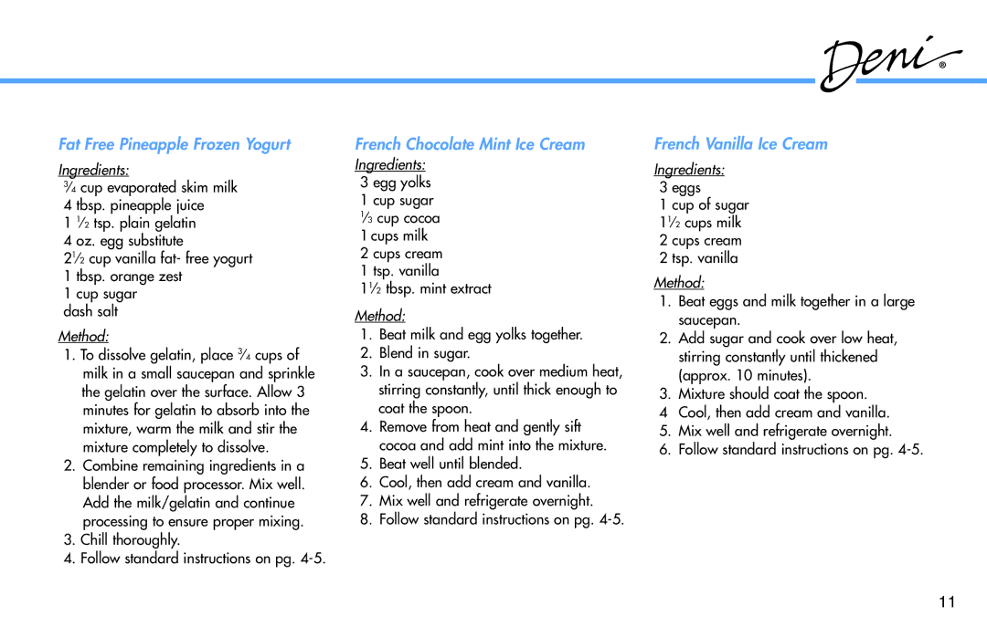 Deni 5300 manual Fat Free Pineapple Frozen Yogurt, French Chocolate Mint Ice Cream, French Vanilla Ice Cream 