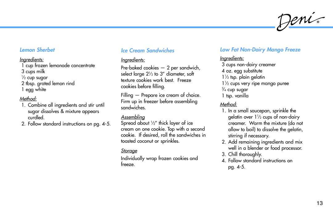 Deni 5300 manual Lemon Sherbet, Ice Cream Sandwiches, Low Fat Non-Dairy Mango Freeze 