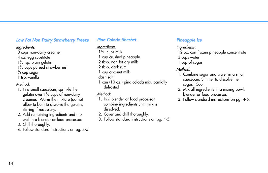 Deni 5300 manual Low Fat Non-Dairy Strawberry Freeze, Pina Colada Sherbet, Pineapple Ice 