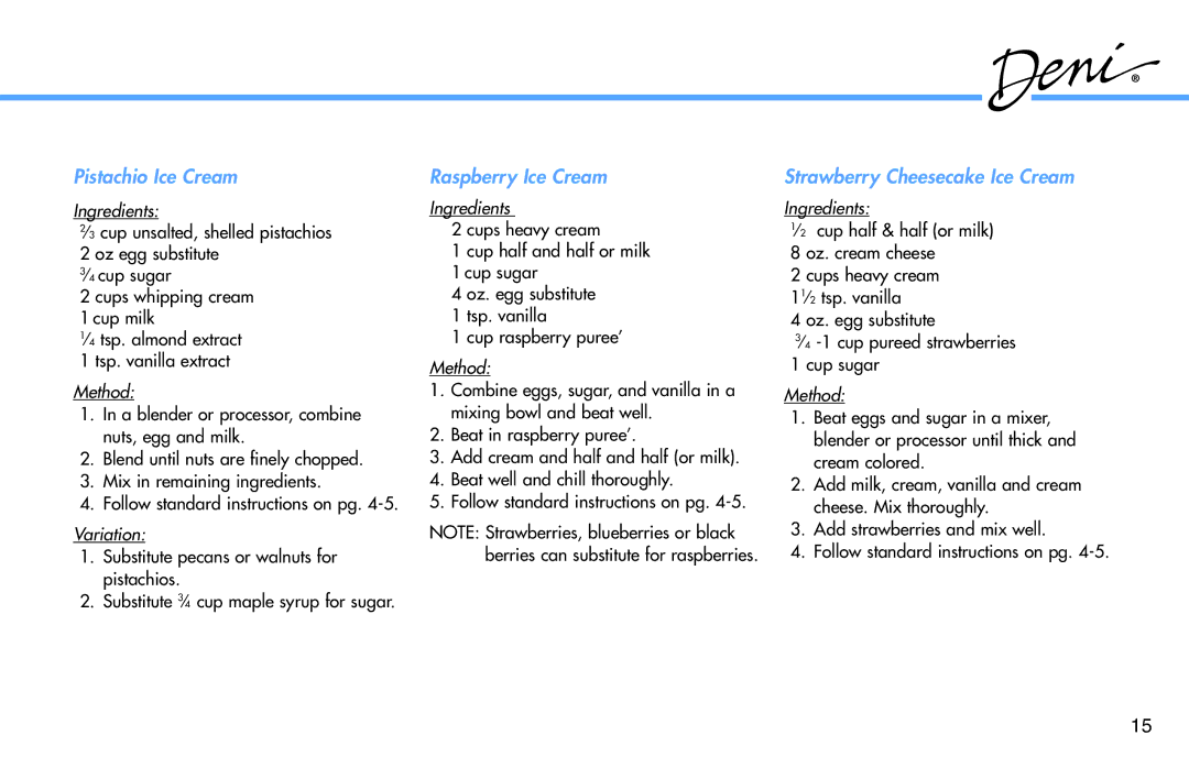 Deni 5300 manual Pistachio Ice Cream, Raspberry Ice Cream, Strawberry Cheesecake Ice Cream 