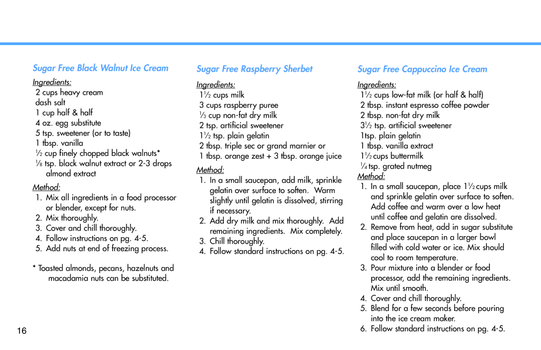 Deni 5300 manual Sugar Free Black Walnut Ice Cream, Sugar Free Raspberry Sherbet, Sugar Free Cappuccino Ice Cream 