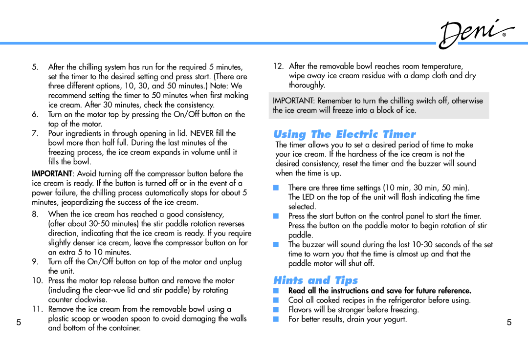 Deni 5300 manual Using The Electric Timer, Hints and Tips 