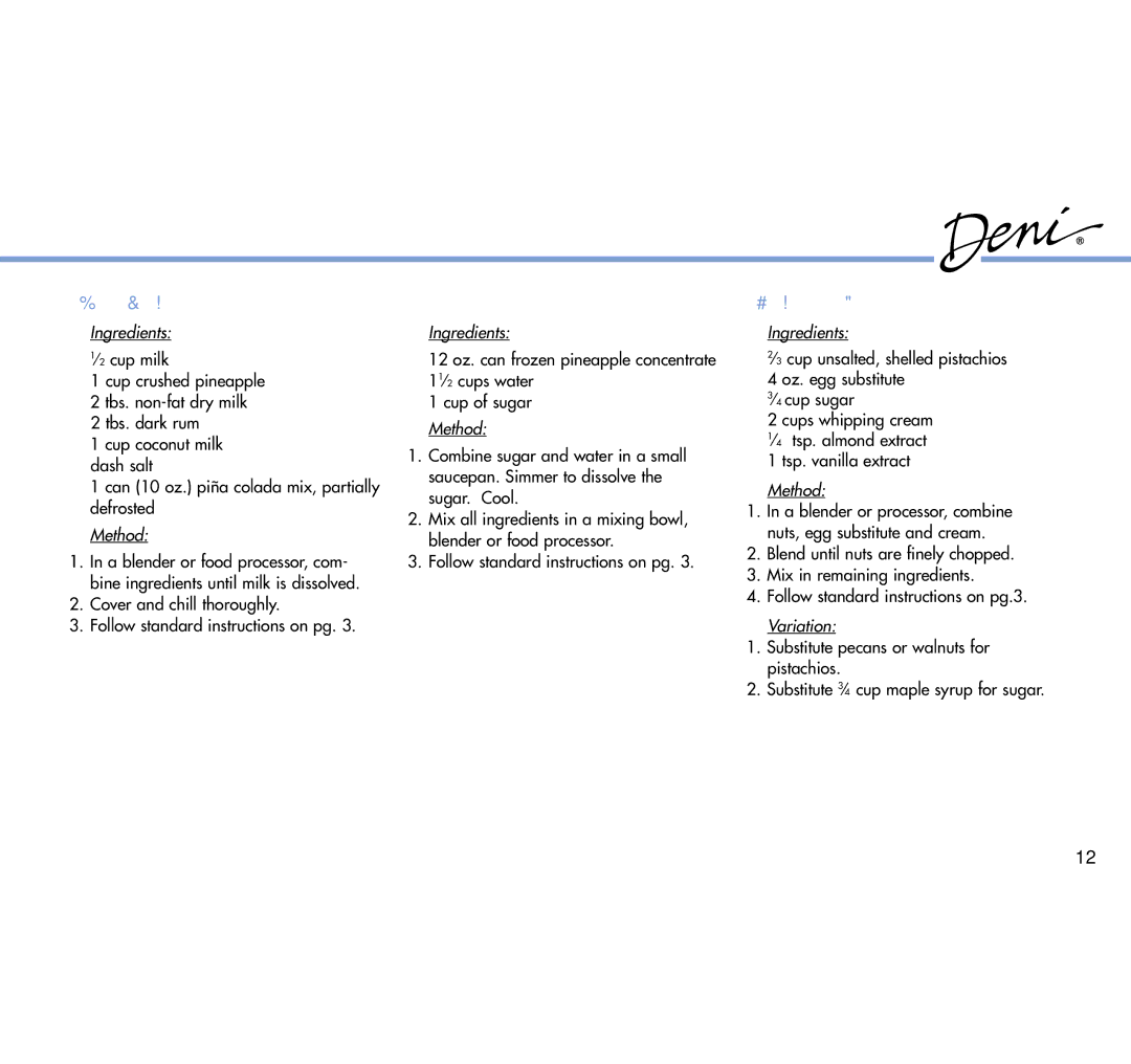 Deni 5530 manual Piña Colada Sherbet, Pineapple Ice, Pistachio Ice Cream 