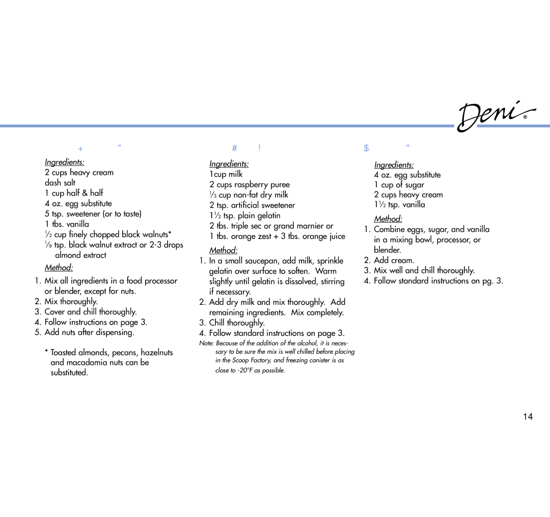 Deni 5530 manual Sugar Free Black Walnut Ice Cream, Sugar Free Raspberry Sherbet, Vanilla Ice Cream 