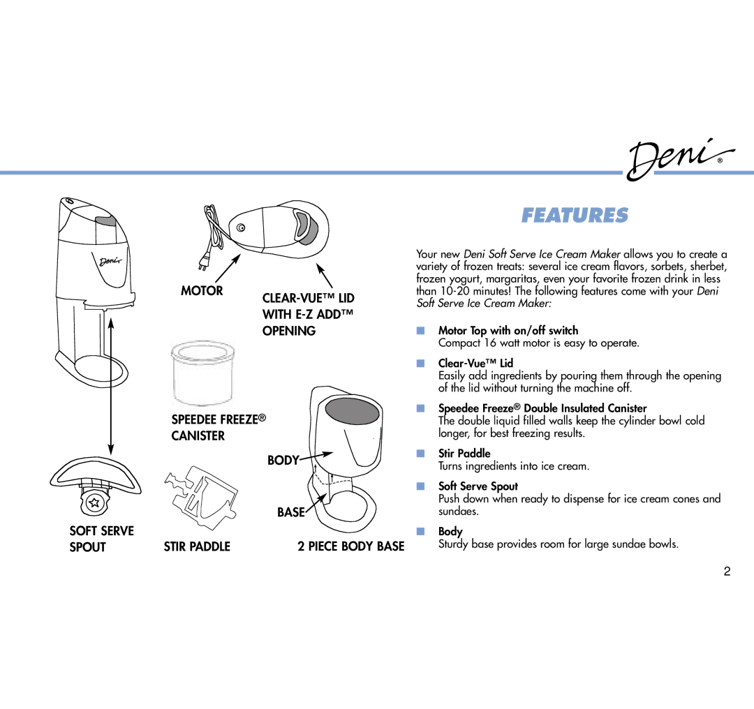 Deni 5530 manual Features 